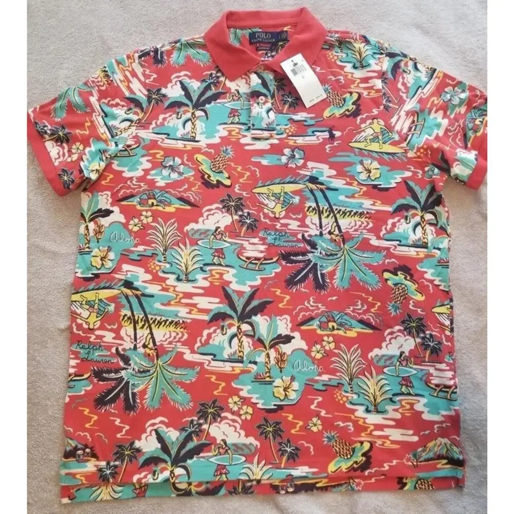 Polo Ralph Lauren Polo Shirt Mens Small Red Hawaiian Aloha AOP Surf Classic Fit